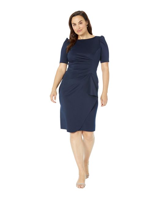 Xscape Synthetic 3/4 Sleeve Short Scuba Dress With Side Ruching in Navy