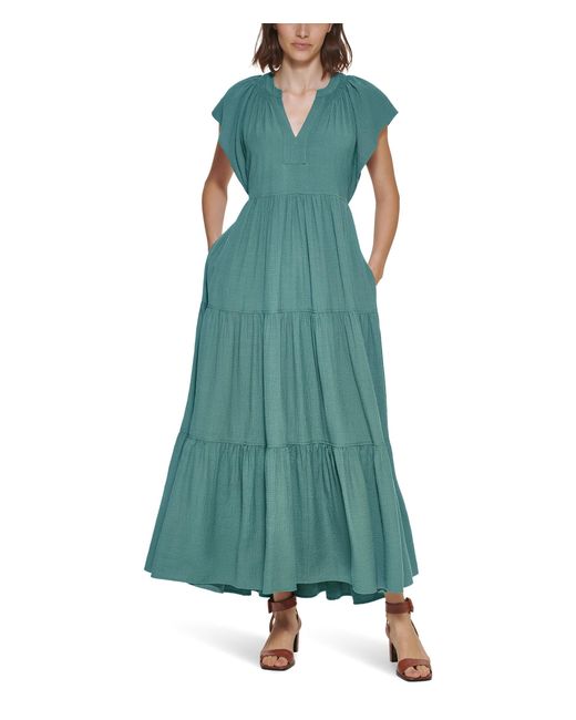 Calvin Klein Green Flutter Sleeve Gauze Midi Dress