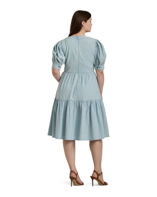 Lauren by Ralph Lauren Blue Plus-size Chambray Puff-sleeve Dress