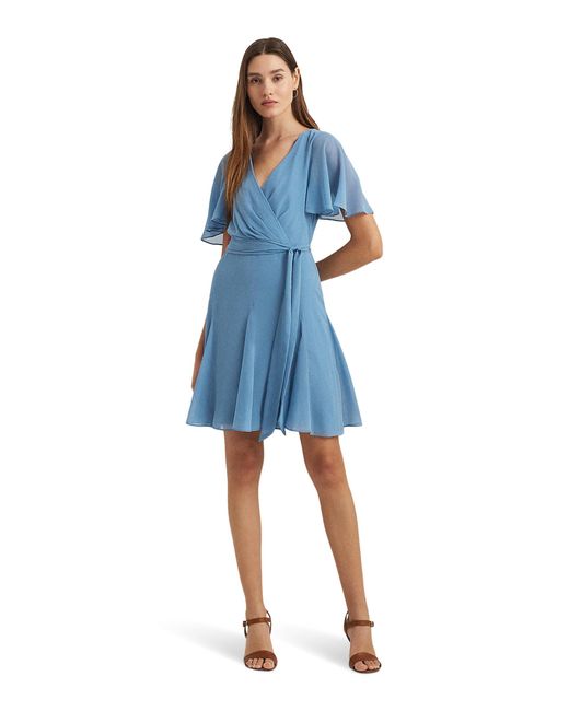 Lauren by Ralph Lauren Blue Crinkle Georgette Surplice Dress