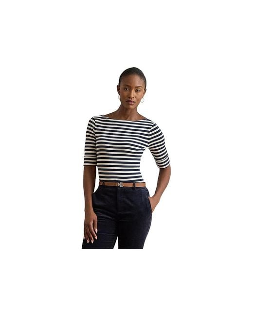 Ralph Lauren Black Petite Striped Stretch Cotton Boatneck T-Shirts Clothing Lauren/Mascarpone Cream, Cotton/Elastane