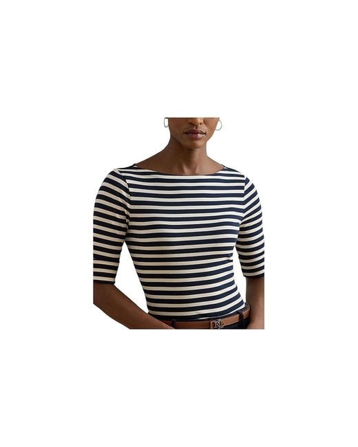 Ralph Lauren Black Petite Striped Stretch Cotton Boatneck T-Shirts Clothing Lauren/Mascarpone Cream, Cotton/Elastane
