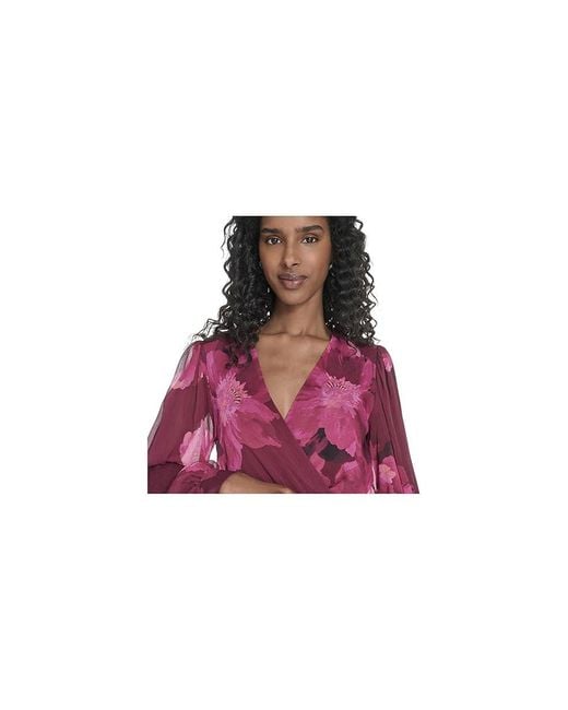 Calvin Klein Red Long Sleeve Faux Wrap V-Neck Midi Dress, Polyester