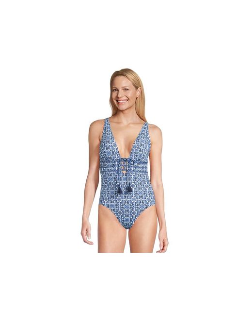 Tommy Bahama Blue Terrazzo Tile Tie Front 1Pc Swimsuits One Piece, Nylon/Spandex