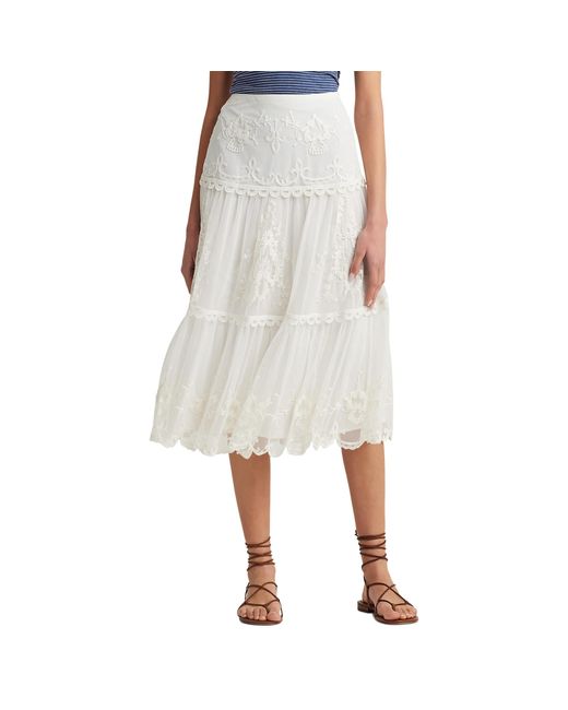 Lauren by Ralph Lauren White Embroidered Mesh Tiered Skirt