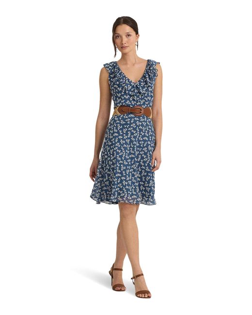 Lauren by Ralph Lauren Blue Floral Ruffle-trim Georgette Dress