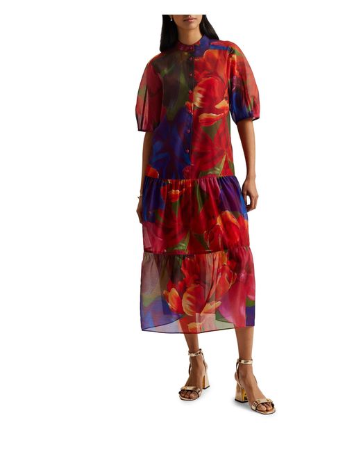 Ted Baker Red Miru Organza Tropical Bloom Midi Dress