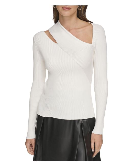 DKNY White Long Sleeve Ribbed Cutout Sweater