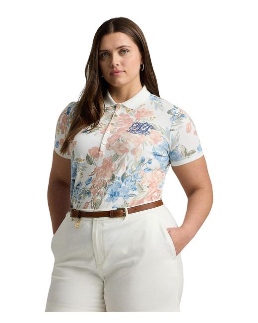 Lauren by Ralph Lauren Gray Plus-size Floral Pique Polo Shirt