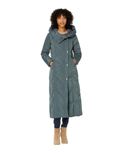 Cole Haan Blue Taffeta Down Coat With Chevron Quilt Pattern