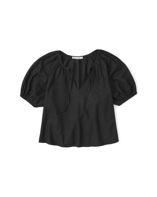 Abercrombie & Fitch Linen Peasant Top in Black | Lyst