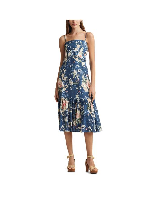Lauren by Ralph Lauren Blue Floral Linen-blend Sleeveless Dress