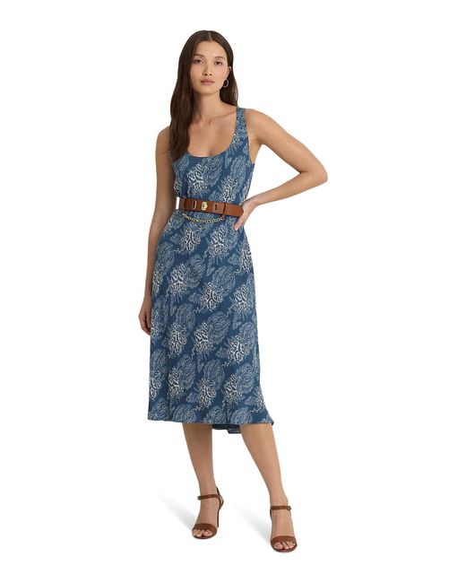 Lauren by Ralph Lauren Blue Floral Belted Crepe Sleeveless Dress