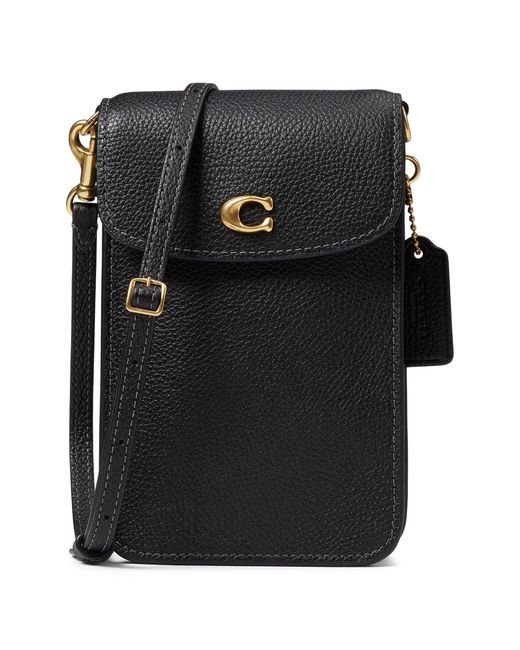 COACH Polished Pebble Leather Phone Crossbody in Black | Lyst