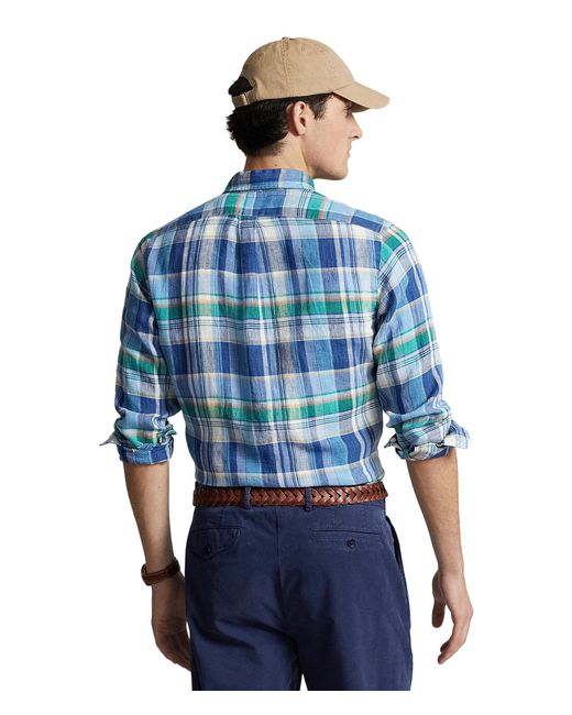 Polo Ralph Lauren Blue Classic Fit Plaid Linen Shirt for men