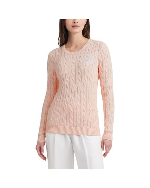 Lauren by Ralph Lauren Cable-knit Cotton Sweater in Pink | Lyst