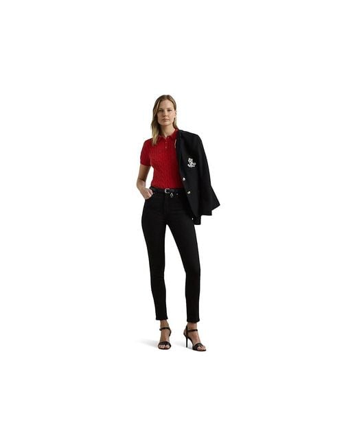 Ralph Lauren Red Petite Cable-Knit Cotton Polo Sweater Sweater