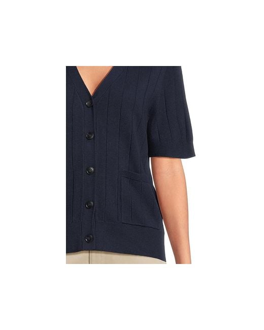Vince Camuto Blue Rib Short Sleeve V-Neck Cardigan With Pockets Sweater, Acrylic/Nylon/Polyester