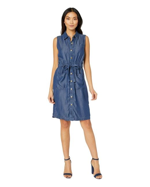 Calvin Klein Sleeveless Button Front Elastic Waist Denim Dress in Blue