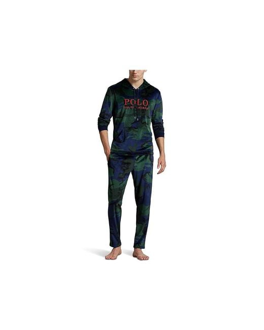 Polo Ralph Lauren Black Plush Velour Long Sleeve Hoodie Pajama, Velour/Spandex/Polyester for men