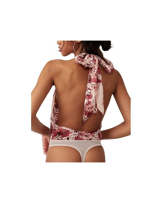 Free People Red Printed There She Goes Bodysuit Jumpsuit & Rompers One Piece Lg 12) Elastane/Polyester