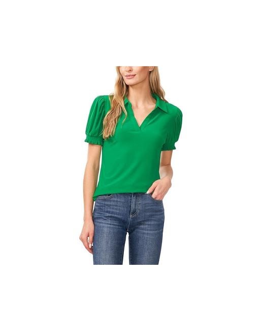 Cece Green Short Sleeve Split-Neck Collared Top Clothing, Polyester/Spandex