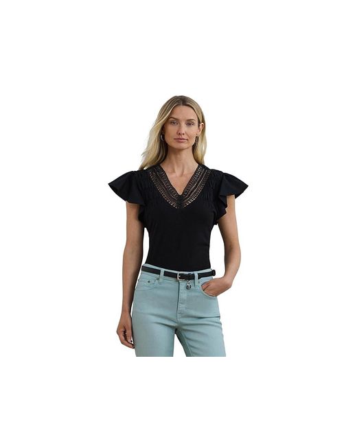 Ralph Lauren Black Lace-Trim Jersey Flutter-Sleeve T-Shirts Blouse, Cotton/Modal