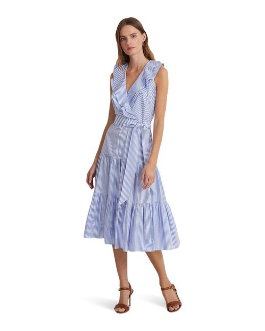Lauren by Ralph Lauren Blue Striped Cotton Broadcloth Surplice Dress