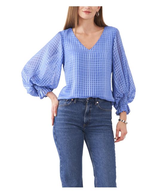 Vince Camuto Blue V-neck Puff Sleeve Blouse With Smock Cuff