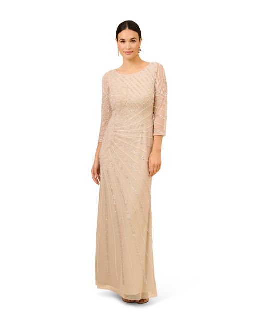 Adrianna Papell Natural Long Sleeve Beaded Long Gown With Starburst Bead Pattern
