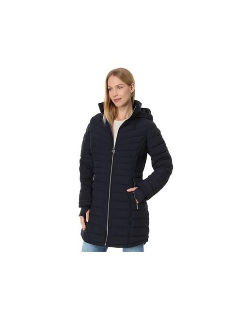 MICHAEL Michael Kors Blue Mid Length Zip Front Packable M425528Bz Coat, Polyester