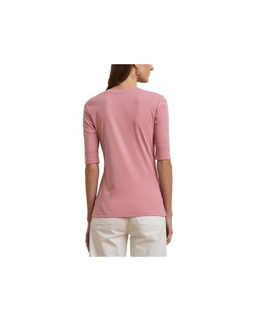 Ralph Lauren Pink Stretch Cotton Elbow-Sleeve V-Neck T-Shirts T Shirt, Cotton/Elastane