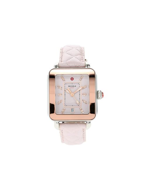 Michele Pink Deco Sport Two-tone Topaz Dial Quilted Leather Watch