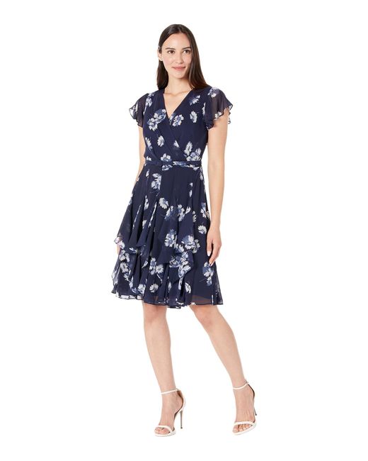 Lauren By Ralph Lauren Synthetic Floral Ruffle Trim Georgette Dress In Navy Blue Lyst 0662