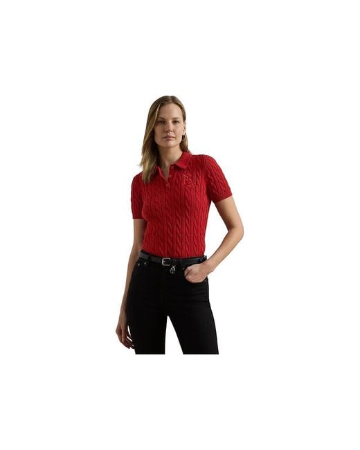 Ralph Lauren Red Petite Cable-Knit Cotton Polo Sweater Sweater