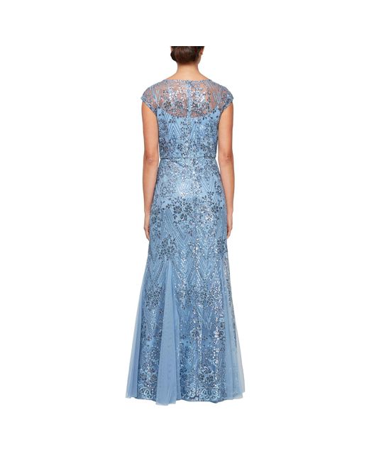 Alex Evenings Blue Long Embroidered Fit And Flare Gown