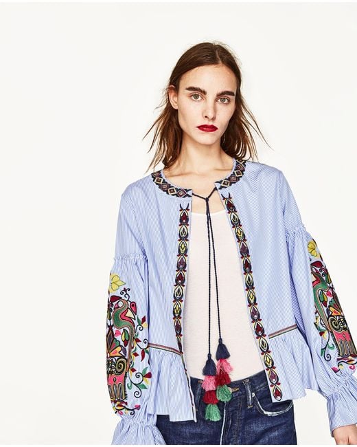 Zara Embroidered Jacket in Blue Lyst