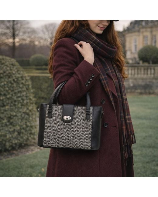 Zatchels Black Tannery Tweed & Leather Mini Twist Lock Shopper Bag