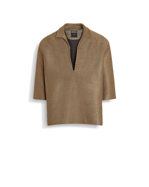 Zegna Natural Dark Taupe Silk And Linen Polo Shirt for men