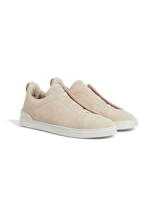 Zegna White Light Suede Triple Stitch Sneakers for men