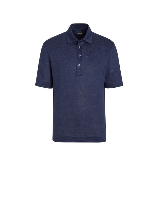 Zegna Blue Pure Linen Short-Sleeve Polo for men