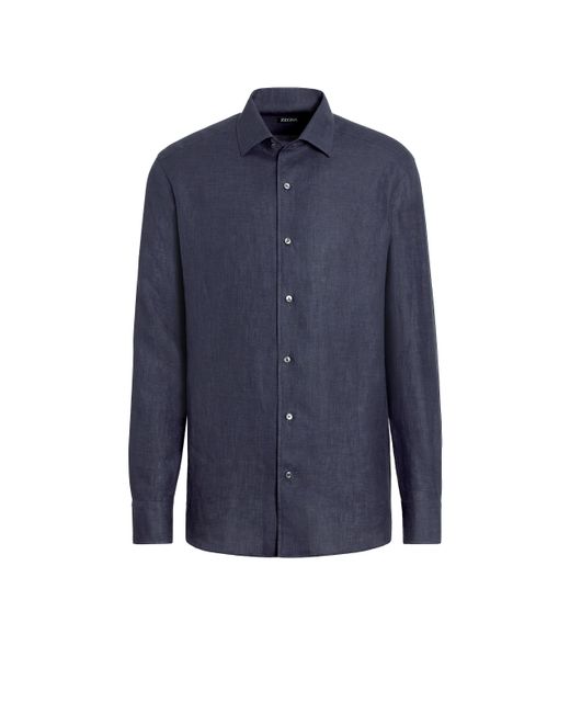 Zegna Blue Pure Linen Long-Sleeve Shirt for men