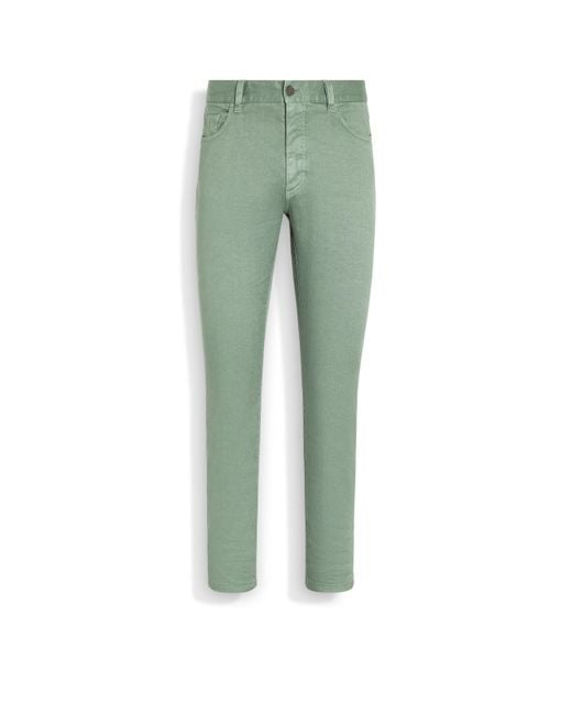 Zegna Green Sage Stretch Linen And Cotton Roccia Jeans for men