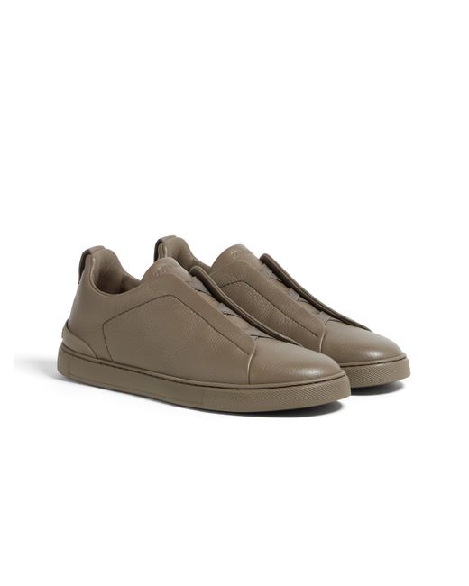 Zegna Brown Taupe Deerskin Triple Stitch Sneakers for men