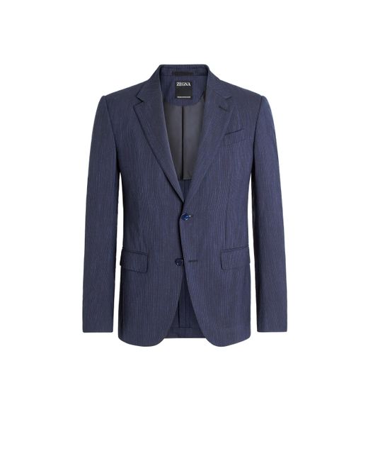 Zegna Blue Trofeo Seersucker Wool And Silk Blend Jacket for men