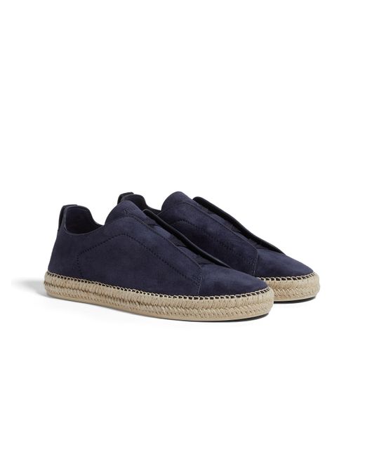 Zegna Blue Dark Suede Triple Stitch Espadrilles for men