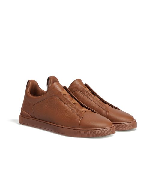 ZEGNA Dark Foliage Deerskin Triple Stitch Sneakers in Brown