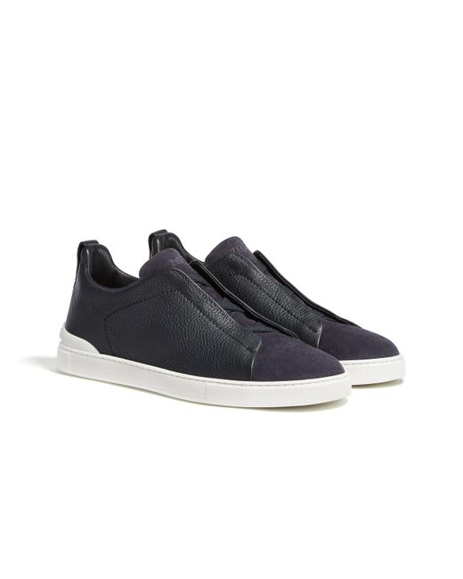 Zegna Blue Leather And Suede Triple Stitch Sneakers for men