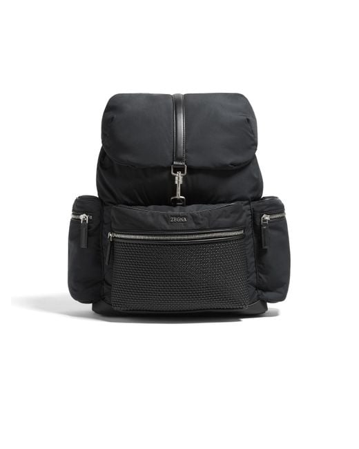 Zegna Black Technical Fabric And Pelletessuta Leather Backpack for men