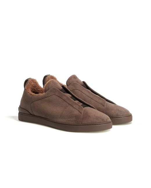 Zegna Brown Greyish Suede Triple Stitch Sneakers for men